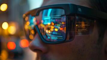 A person wears advanced smart glasses that showcase various digital elements reflected in the lenses. photo