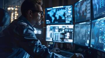 A man in glasses focused on various computer screens displaying maps and data in a control room. The environment is dimly lit, suggesting nighttime work on technology. photo