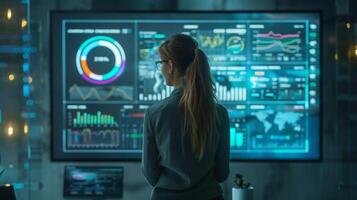 A person with long hair and glasses examines digital dashboards displaying various data visualizations in a sleek office setting during the evening. photo