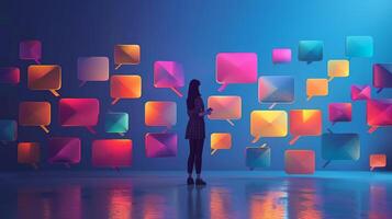 A visitor stands in a dimly lit room surrounded by colorful speech bubbles illuminated on the walls, symbolizing dialogue and interaction in a contemporary art setting. photo