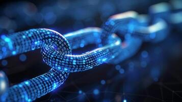 A close up view of a glowing digital chain link, illuminated with binary code, symbolizes data security and technology advancements in a modern cyber world. photo