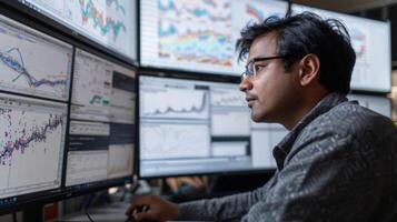 Professional analyzing complex financial data on several computer monitors filled with dynamic graphs and statistics in a contemporary office setting. photo