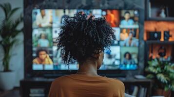 A person with curly hair is facing a large screen showing a virtual meeting with multiple participants. The setting is cozy and intimate, emphasizing home and technology. photo