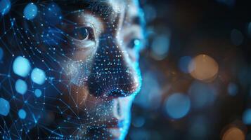 An abstract representation captures the fusion of technology and human experience, showcasing digital connections and neural networks highlighting the essence of modern society. photo