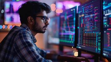 Individual intently examines several computer screens displaying colorful graphs and data, immersed in analysis in a tech driven environment illuminated by soft lighting. photo
