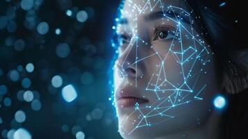 A close up view of a female face featuring a network of bright, glowing connections and particles. The atmosphere suggests a digital or futuristic environment with elements of technology. photo