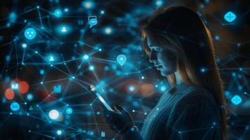 A person is engaged with a smartphone in a dimly lit setting while illuminated digital symbols and connections surround them, illustrating virtual communication and technology's impact. photo