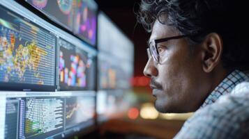 A person is deeply concentrated on analyzing data displayed on multiple monitors in a technologically advanced office. The late night atmosphere highlights the focused work being done. photo