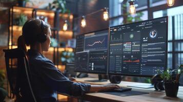 A data analyst focus on analyzing financial trends at a stylish office desk in the evening, utilizing several screens displaying graphs and statistics. photo