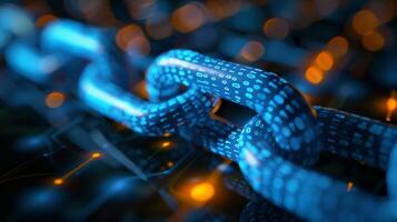 A digital chain link is depicted, showcasing moving binary code patterns. The glowing lights create an atmosphere of technology and innovation, highlighting the concept of blockchain. photo