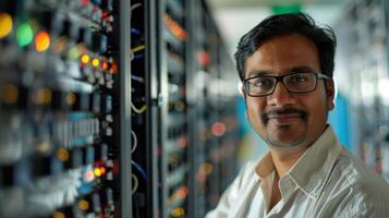IT expert stands proudly in a data center surrounded by numerous server racks filled with blinking lights, showcasing technology's role in today's business environment. photo