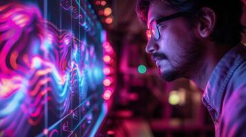 A focused digital artist studies vibrant graphical visualizations on a large screen, surrounded by colorful lights in a creative workspace during evening hours. photo