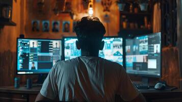 Individual working intensely on multiple computer screens in a cozy, dimly lit workspace surrounded by plants and creative memorabilia showing focus on editing. photo