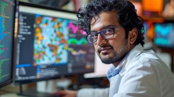 A researcher in a laboratory focuses intently on multiple computer screens displaying complex data visualizations and scientific graphics during a busy work session. photo