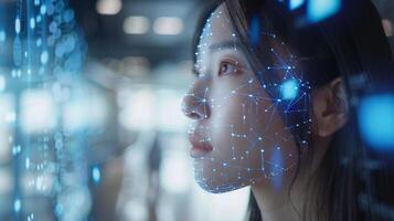 A woman engages with cutting edge digital interfaces, showcasing glowing data streams and facial recognition symbols in a modern, tech driven environment. photo