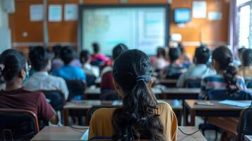 A group of students sits attentively in a classroom, focusing on a presentation displayed on a large screen. The setting is bright and facilitates a productive learning atmosphere. photo