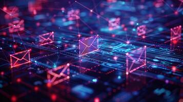 A colorful network showcasing digital messages represented by glowing envelopes interconnected through lines and nodes, creating a visual representation of communication in a modern era. photo