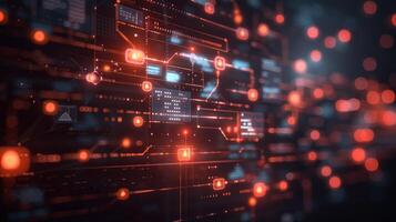 Close up view of a vibrant digital network filled with glowing nodes and interconnected paths, representing advanced technology and data transfer in a futuristic atmosphere. photo