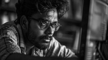 Young man with glasses is deeply engaged in work at his computer in a low light setting. His expression shows concentration and determination as he processes information. photo