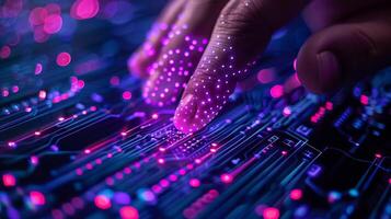 A human hand reaches out to touch a luminous circuit board, with colorful glowing connections illuminating the dark background, highlighting advancements in technology and digital design. photo