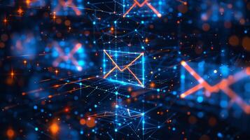 A network of glowing envelopes interconnected by bright lines and particles fills the dark background, illustrating the concept of digital communication in a modern, technological environment. photo