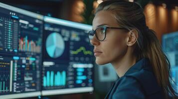 A dedicated data analyst reviews intricate graphs and statistics on multiple screens in a well lit office. The atmosphere reflects a high tech, analytical setting with a focus on detail. photo