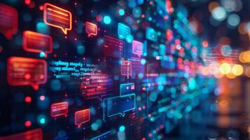 A dynamic array of colorful chat bubbles illuminate a digital backdrop, while glowing data streams create a lively atmosphere in a modern technological setting during nighttime. photo
