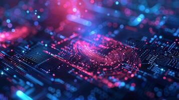Vivid abstract composition showcasing intricate digital circuits illuminated by glowing dots in shades of blue and pink, representing advanced technology and innovation. photo