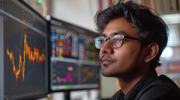 A young man with glasses is deeply focused on analyzing financial charts on dual monitors in a contemporary workspace, surrounded by vibrant data visualizations during daylight. photo