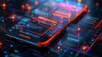 A smartphone displays vibrant digital interfaces with glowing elements and data streams, encapsulating a high tech atmosphere in a darkened environment. photo