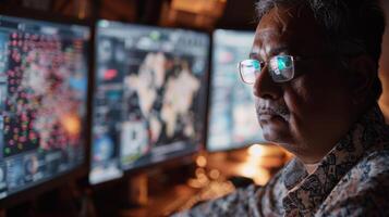 An analyst intently observes multiple computer displays in a dimly lit office, analyzing data visualizations and maps while engaged in strategic decision making. photo