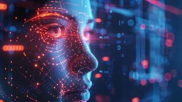 A close up view of a digital head showcasing intricate patterns and glowing lines, representing the fusion of artificial intelligence and human perception. photo