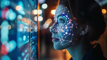 A woman stands in a modern setting, her face illuminated by a dynamic display projecting intricate digital patterns, emphasizing the intersection of technology and human identity. photo