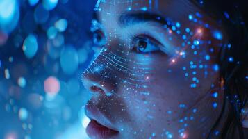 A young individual gazes thoughtfully, illuminated by a swirl of blue lights and digital patterns that create a captivating visual effect, blending technology with human emotion. photo