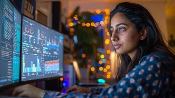 Focused individual engaging in data analysis while surrounded by glowing screens and cozy lighting in a home office during the evening hours. photo