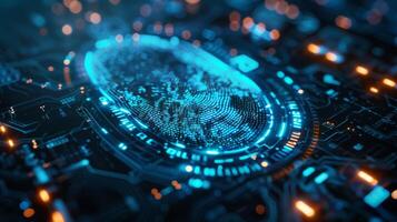A vibrant digital fingerprint design completes a circuit board, illuminated by blue lighting in a high tech environment, showcasing innovation and security in technology. photo
