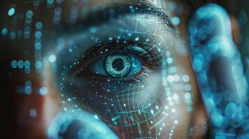 A close view of a human eye reveals glowing digital patterns and data elements. photo