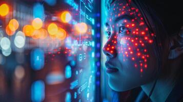 A woman is gazing intently at colorful digital projections illuminating her face in a modern, high tech setting at night, showcasing a blend of technology and curiosity. photo