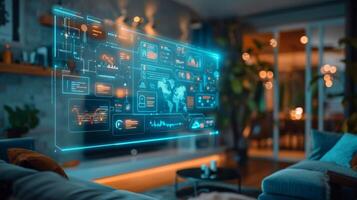 A sleek living area features a holographic display presenting global analytics and data insights. Warm evening light enhances the cozy atmosphere with modern furnishings. photo
