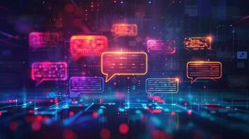 Bright chat bubbles in various colors float against a dark backdrop filled with glowing elements, representing lively discussions in a digital communication platform during the evening. photo
