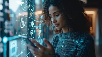 A woman with curly hair is engaged with a smartphone while viewing a digital interface filled with various icons and data in a contemporary workspace setting. photo
