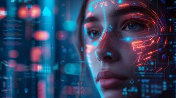 A young woman with facial overlays of glowing digital patterns expresses curiosity amidst a backdrop of high tech data displays at night, reflecting innovation and technology. photo