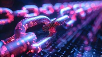 A close up view highlights luminous digital chains interlinked above a dark keyboard, emphasizing themes of connectivity, security, and advanced technology in a cyber landscape. photo