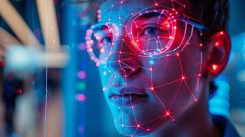 A young individual interacts with advanced facial recognition technology at a tech exhibition. Bright LED lights create a network pattern around their face, showcasing innovation. photo
