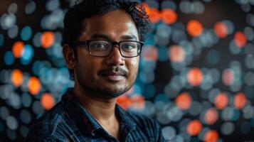 A young man with curly hair and glasses stands confidently, expressing a calm demeanor against a vibrant background of blurred orange and blue lights, conveying creativity and introspection. photo