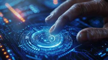 A hand is engaged with a glowing technological interface, where vibrant colors and intricate patterns signify advanced data visualization in a dim setting, reflecting modern innovation. photo