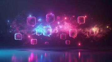 A captivating display of floating speech bubbles in various colors against a dark background, showcasing dynamic lighting and an abstract feel, evoking communication and connection. photo
