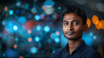 A young man stands with a thoughtful expression in a creative workspace, surrounded by an abstract backdrop of colorful lights that create a vibrant digital environment. photo