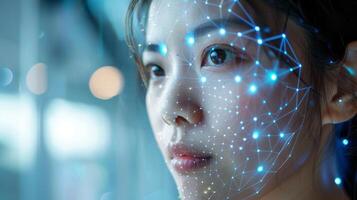 Close up view of a woman's face with digital geometric patterns and lights projected onto her skin, showcasing advanced technology in a contemporary environment with soft lighting. photo