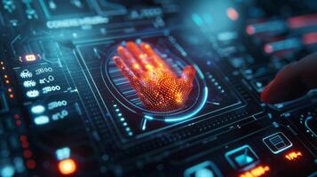 A hand is placed on a glowing digital interface showcasing advanced biometric authentication technology in a modern workspace. Bright lights illuminate the intricate design. photo